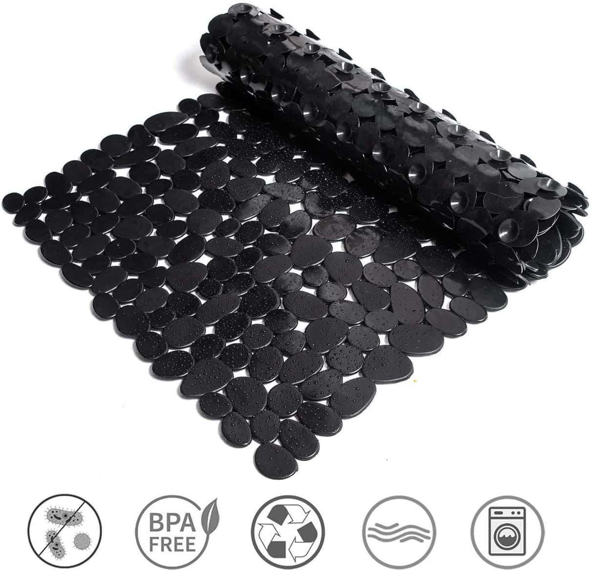 Tapis Douche Antidérapant Galets Noir, BPA Free, Recyclable, Éponge Anti-Dérapante.